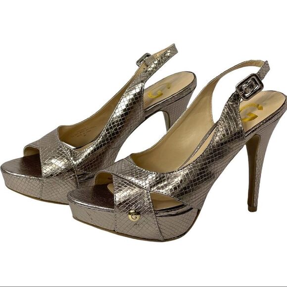 Guess Shoes - Guess Metallic Gold Faux Snakeskin Platform Stiletto Heels  Size 6